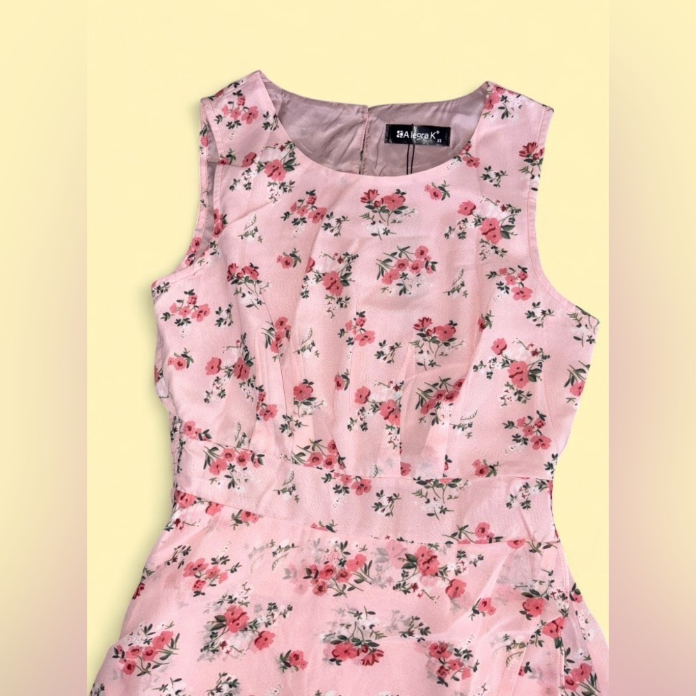 Allegra K Pink Floral Sleeveless Midi Dress XS | Smocked Waist - New With Tags - Picture 5 of 10